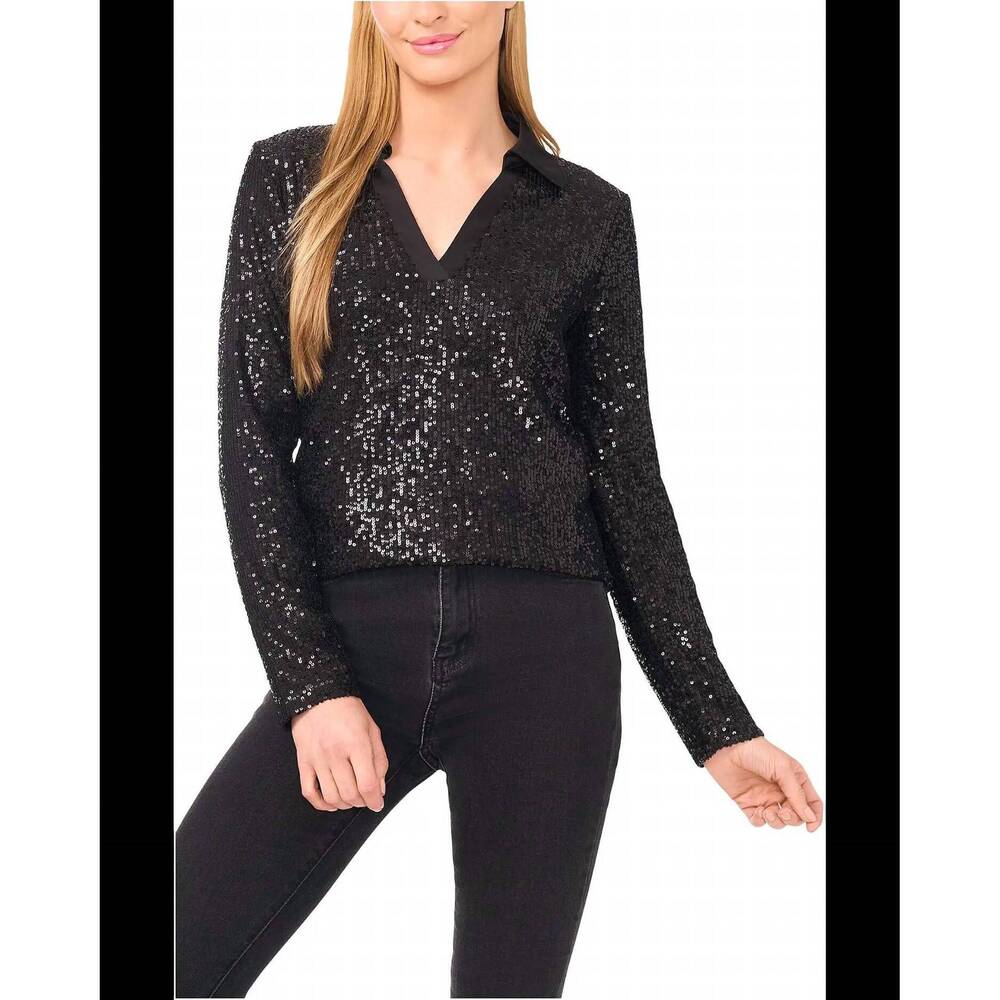 NEW CECE sequin long sleeve polo top in rich black